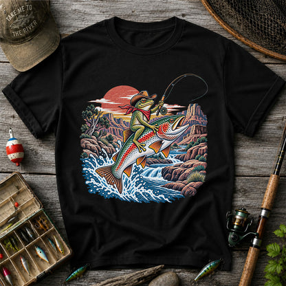 Cowboy Frog Riding a Rainbow Trout Canyon Fishing Graphic T-Shirt