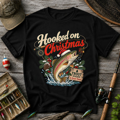 Hooked on Christmas Rainbow Trout in Santa Hat Fishing T-Shirt