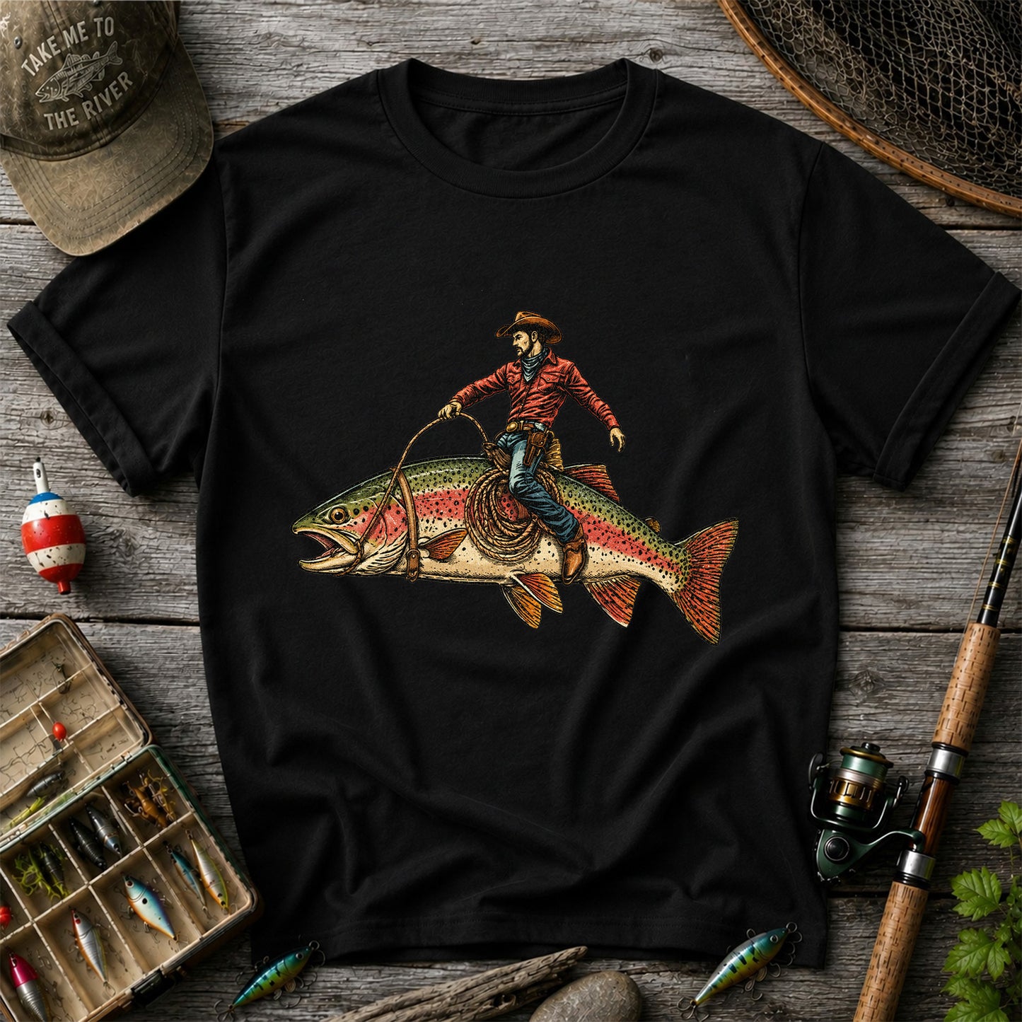 Cowboy Riding Rainbow Trout T-Shirt Vintage Western Fishing Tee