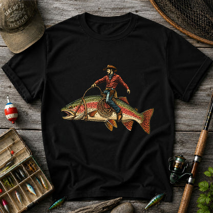 Cowboy Riding Rainbow Trout T-Shirt Vintage Western Fishing Tee