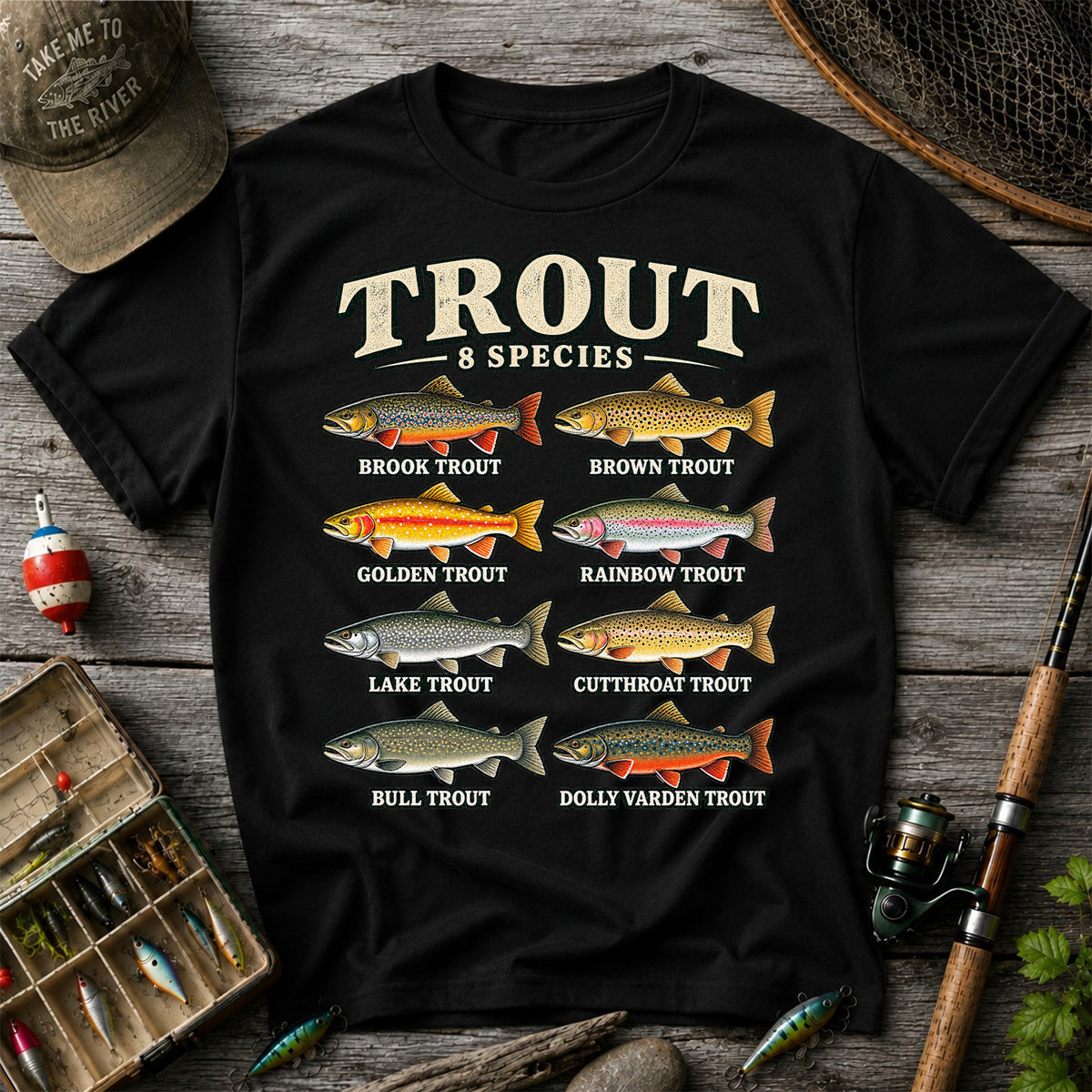 Trout 8 Species Vintage Fish Chart Graphic T-Shirt