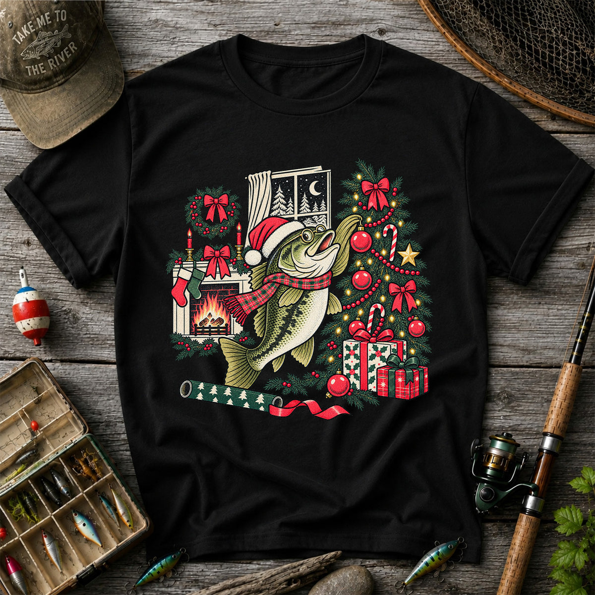 Christmas Bass Fishing Fireplace Tree Graphic T-Shirt