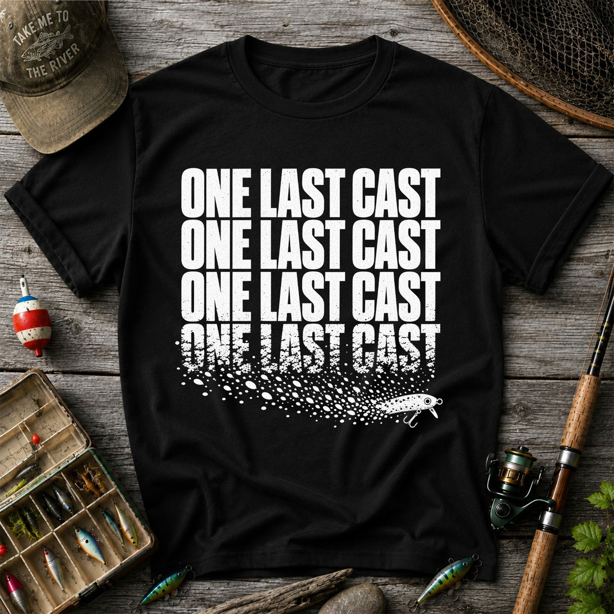 One Last Cast Repeating Fishing Lure Graphic T-Shirt