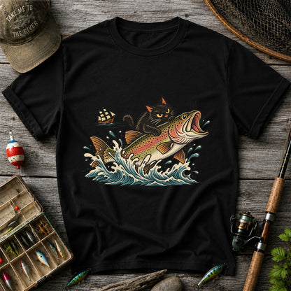 Black Cat Riding a Trout Ocean Wave Fishing Graphic T-Shirt