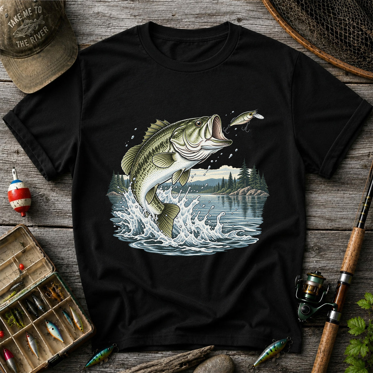 Jumping Largemouth Bass Chasing a Lure Lake Fishing Graphic T-Shirt