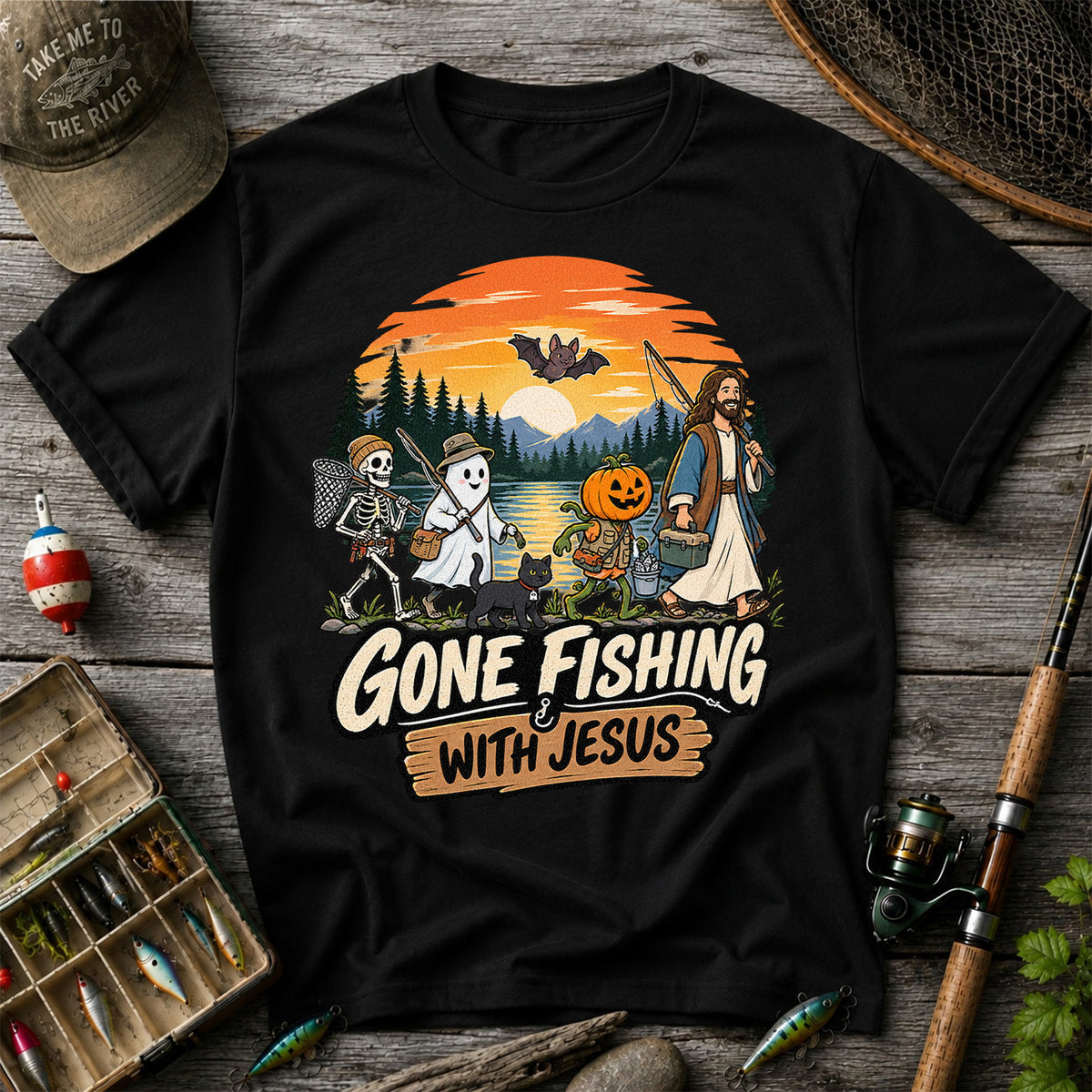 Gone Fishing with Jesus Skeleton Ghost and Pumpkin Halloween Fishing T-Shirt