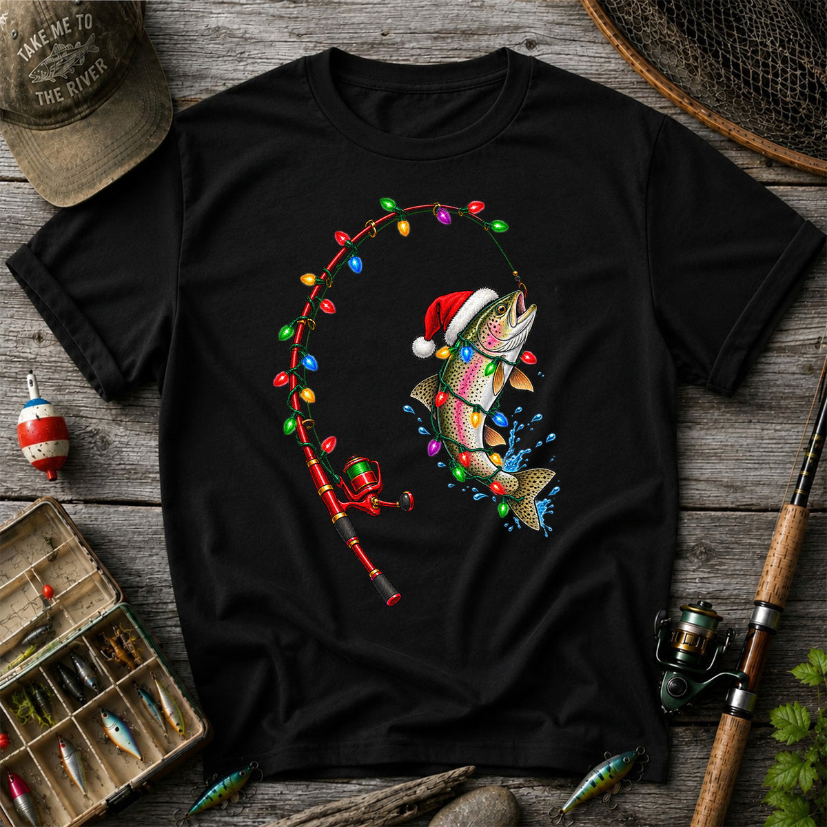 Christmas Rainbow Trout with Santa Hat and Lights Fishing T-Shirt