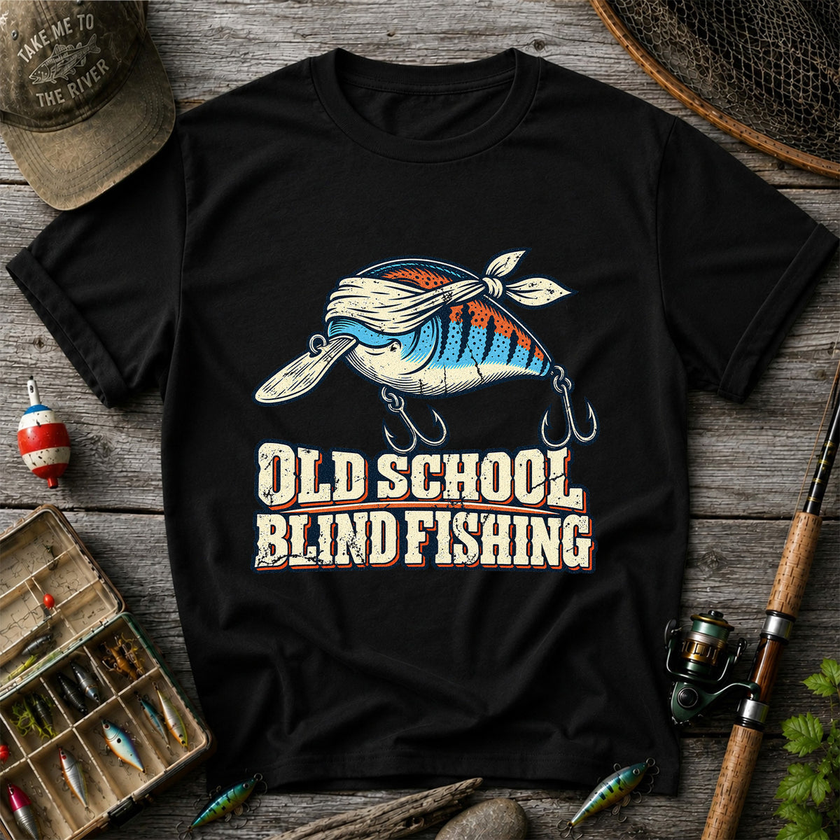 Old School Blind Fishing Blindfolded Lure Graphic T-Shirt