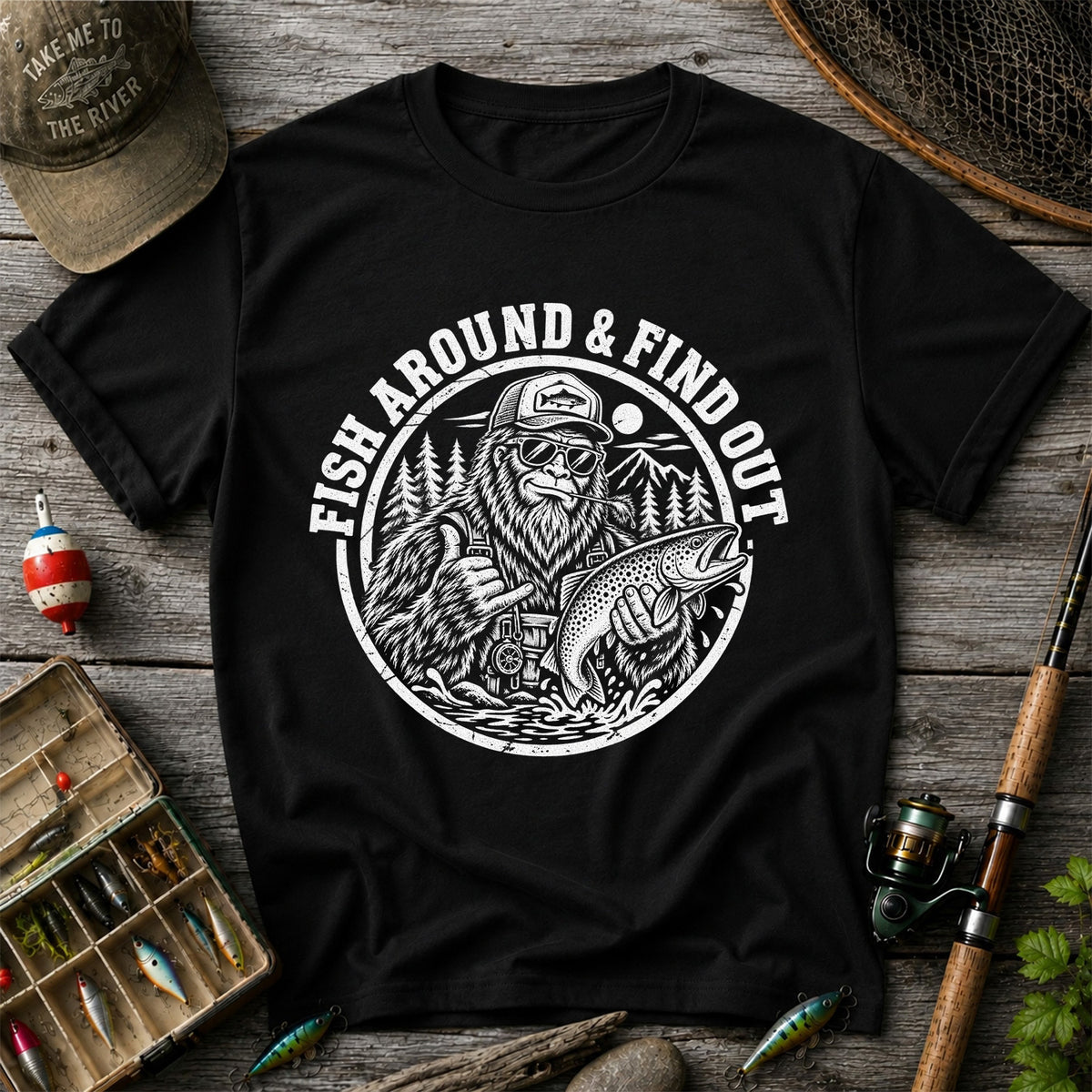 Fish Around & Find Out Bigfoot Trout Fishing Graphic T-Shirt