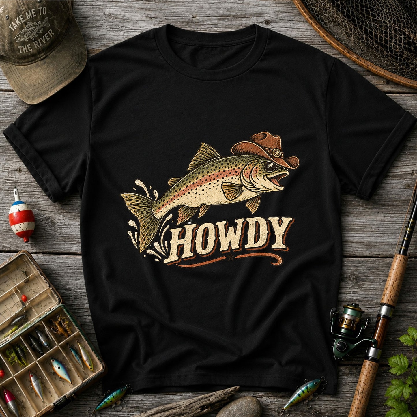 Howdy Cowboy Trout Vintage Fishing Graphic T-Shirt
