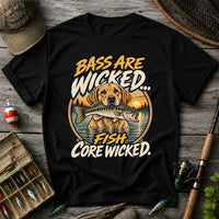 Bass Are Wicked Fish Core Wicked Dog Holding Bass Fishing T-Shirt