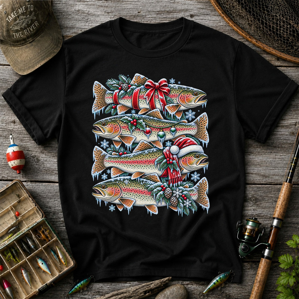 Festive Rainbow Trout Christmas Fishing Graphic T-Shirt