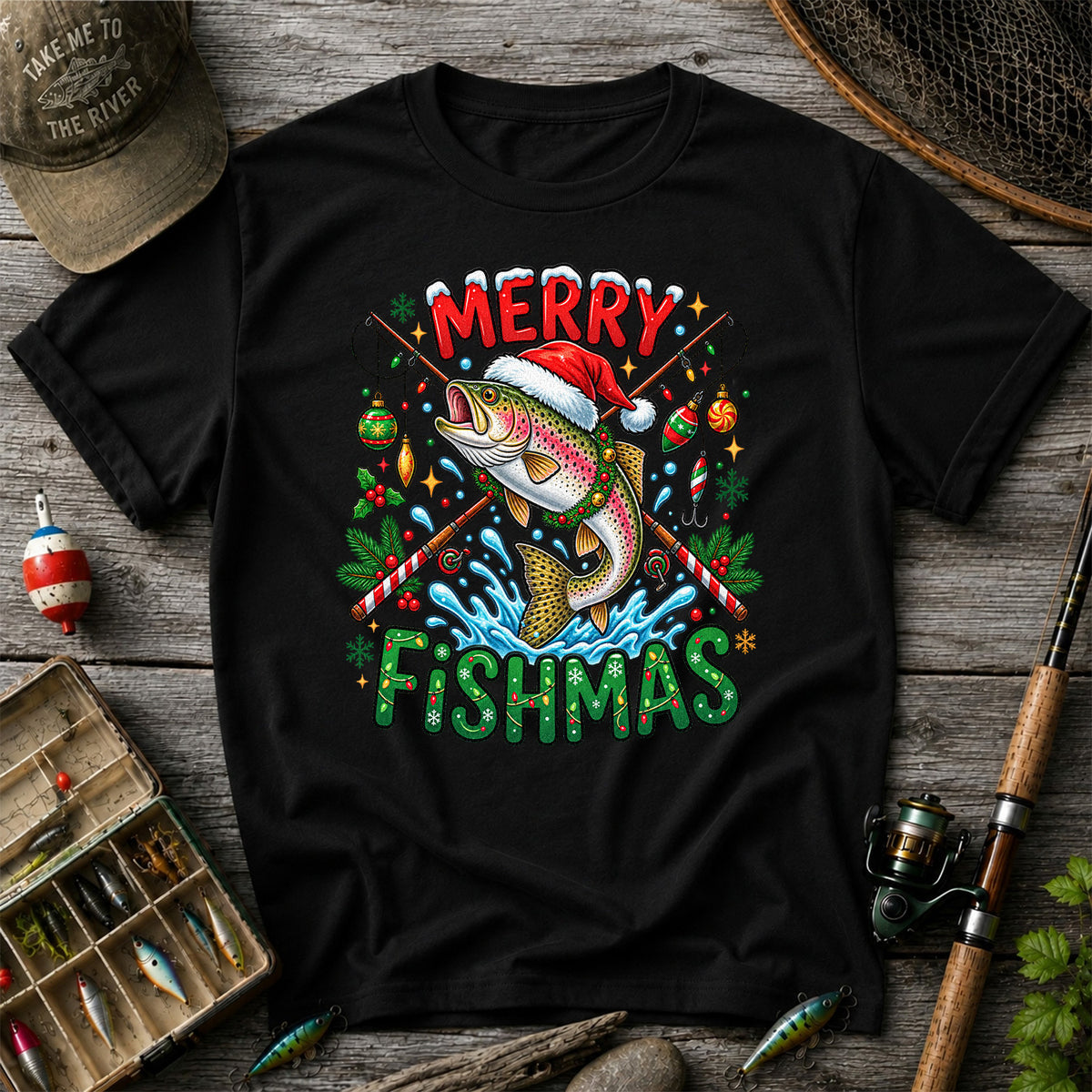 Merry Fishmas Santa Trout Christmas Fishing Graphic T-Shirt