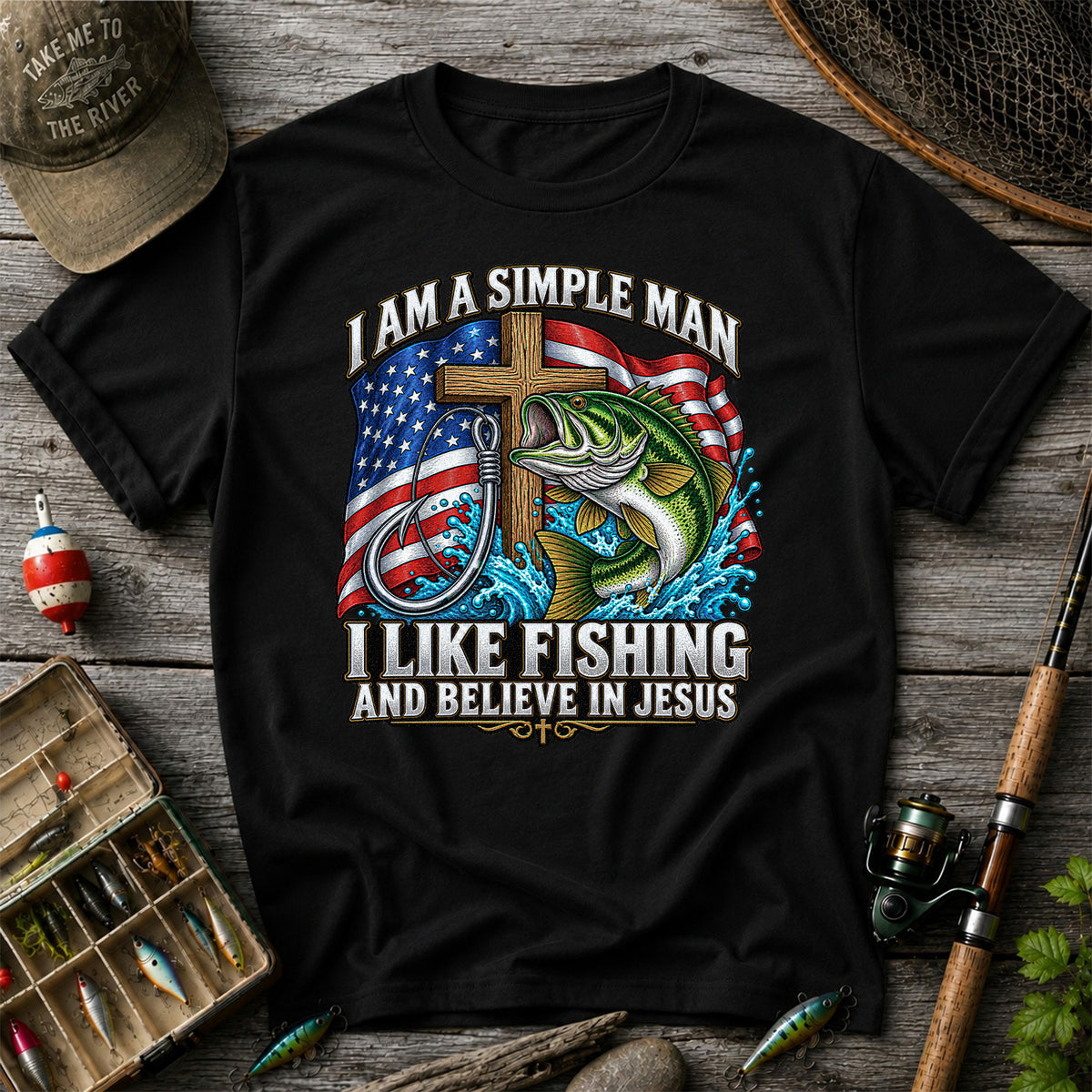 American Flag Bass Fishing Faith Patriotic Graphic T-Shirt