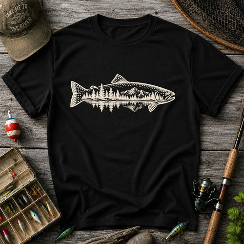 Trout Mountain Forest Reflection Fishing Graphic T-Shirt