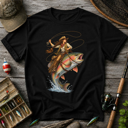 Western Cowgirl Riding a Rainbow Trout Fly Fishing Graphic T-Shirt