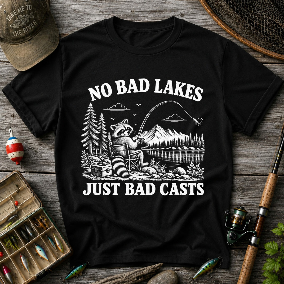 No Bad Lakes Just Bad Casts Raccoon Fishing T-Shirt