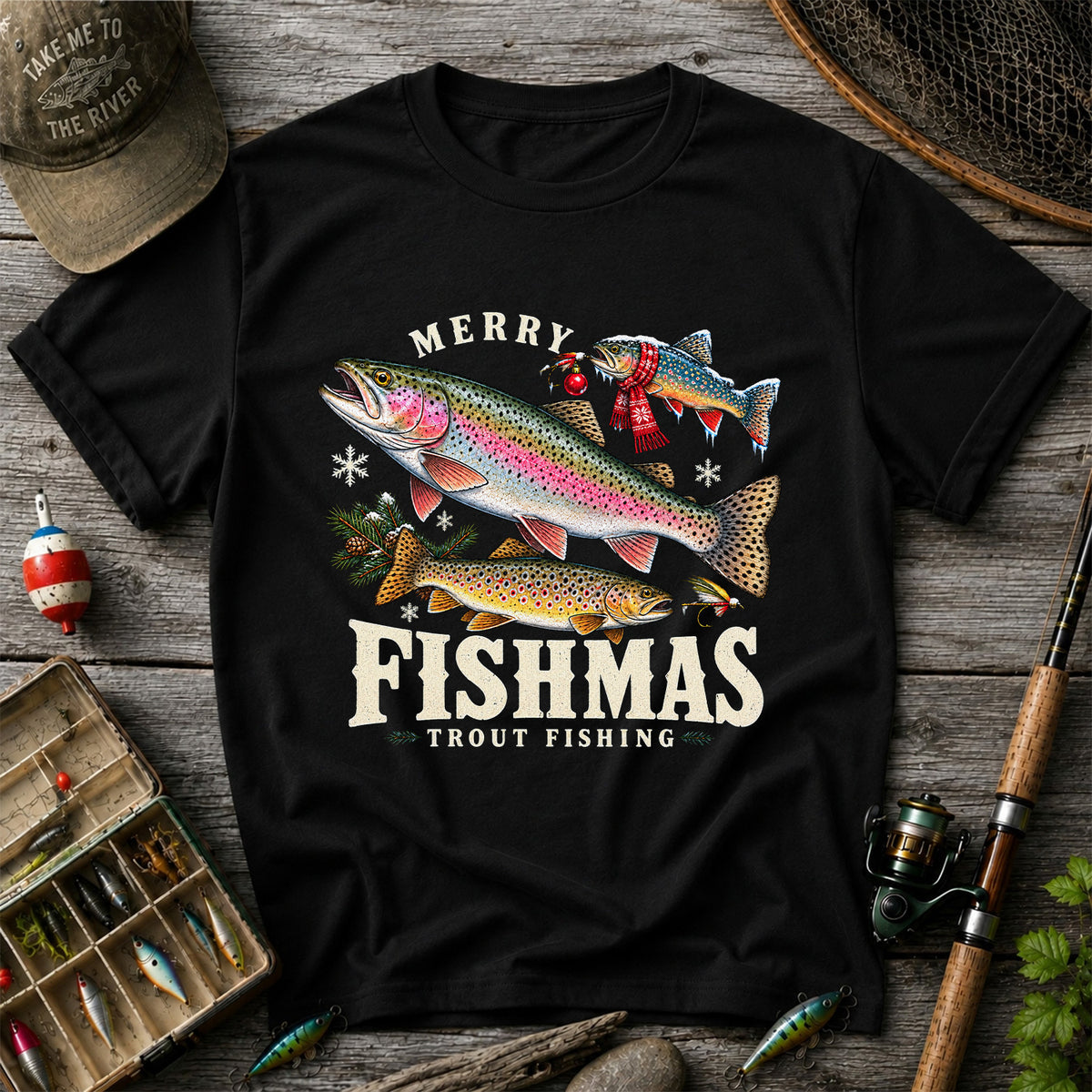 Merry Fishmas Trout Fishing Christmas Graphic T-Shirt