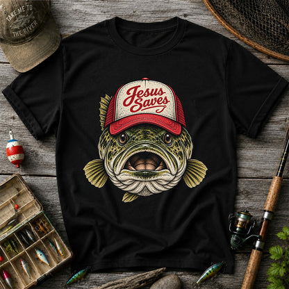 Jesus Saves Largemouth Bass in a Trucker Hat Fishing T-Shirt