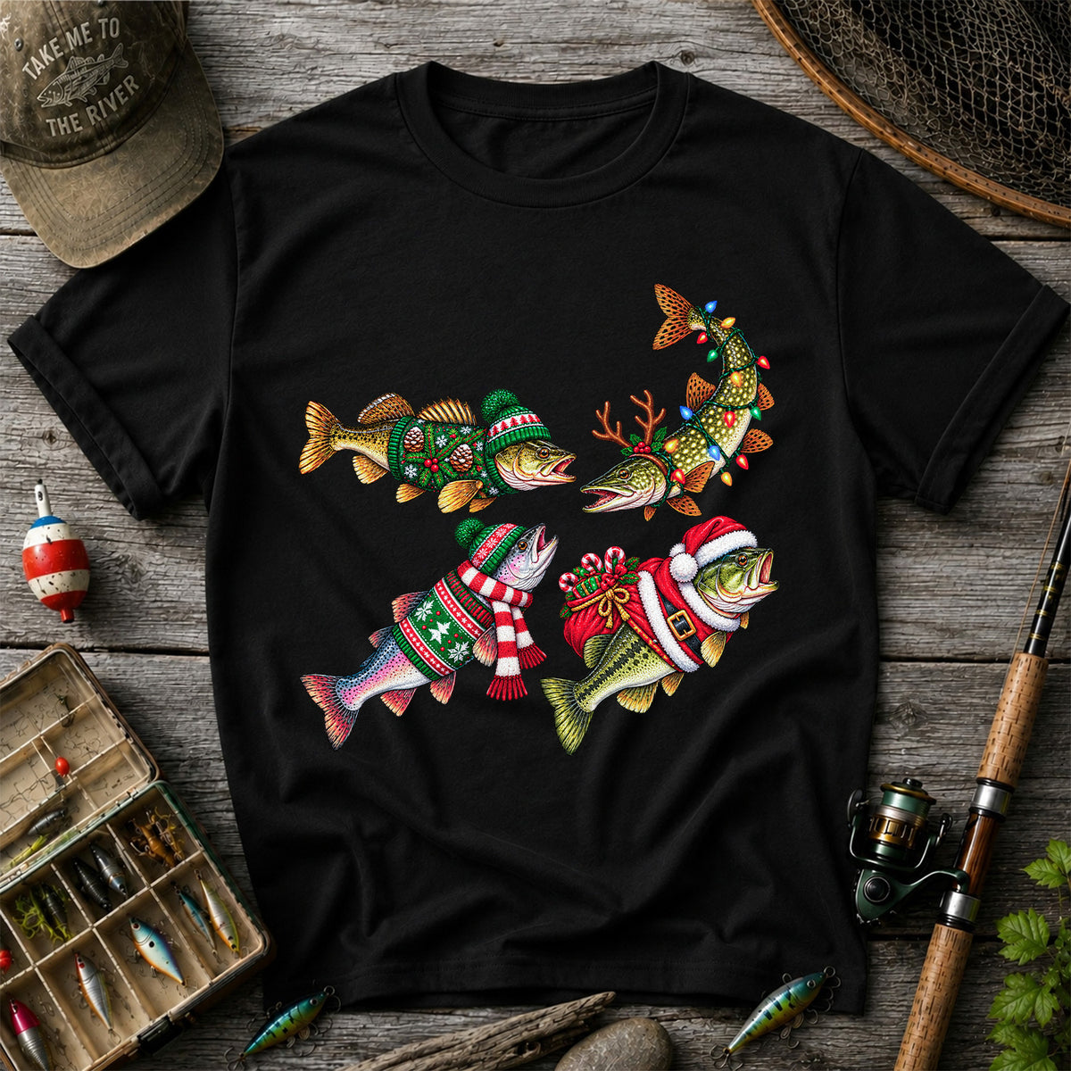 Festive Christmas Fish Wearing Holiday Sweaters Fishing T-Shirt