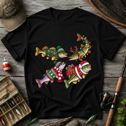 Festive Christmas Fish Wearing Holiday Sweaters Fishing T-Shirt