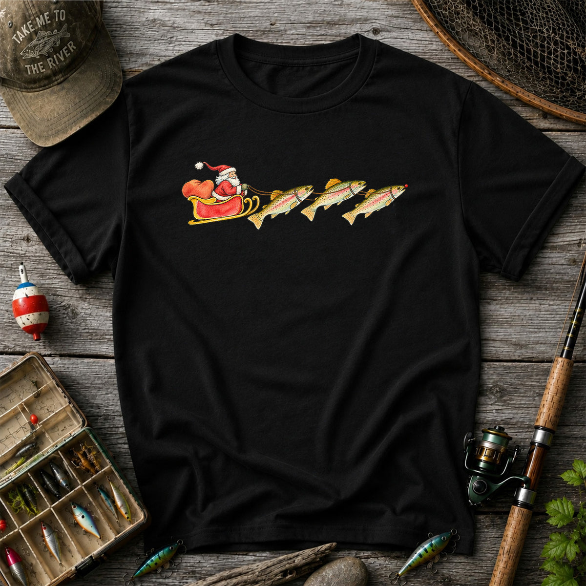 Santa Sleigh Pulling Rainbow Trout Fishing Graphic T-Shirt