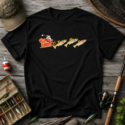 Santa Sleigh Pulling Rainbow Trout Fishing Graphic T-Shirt