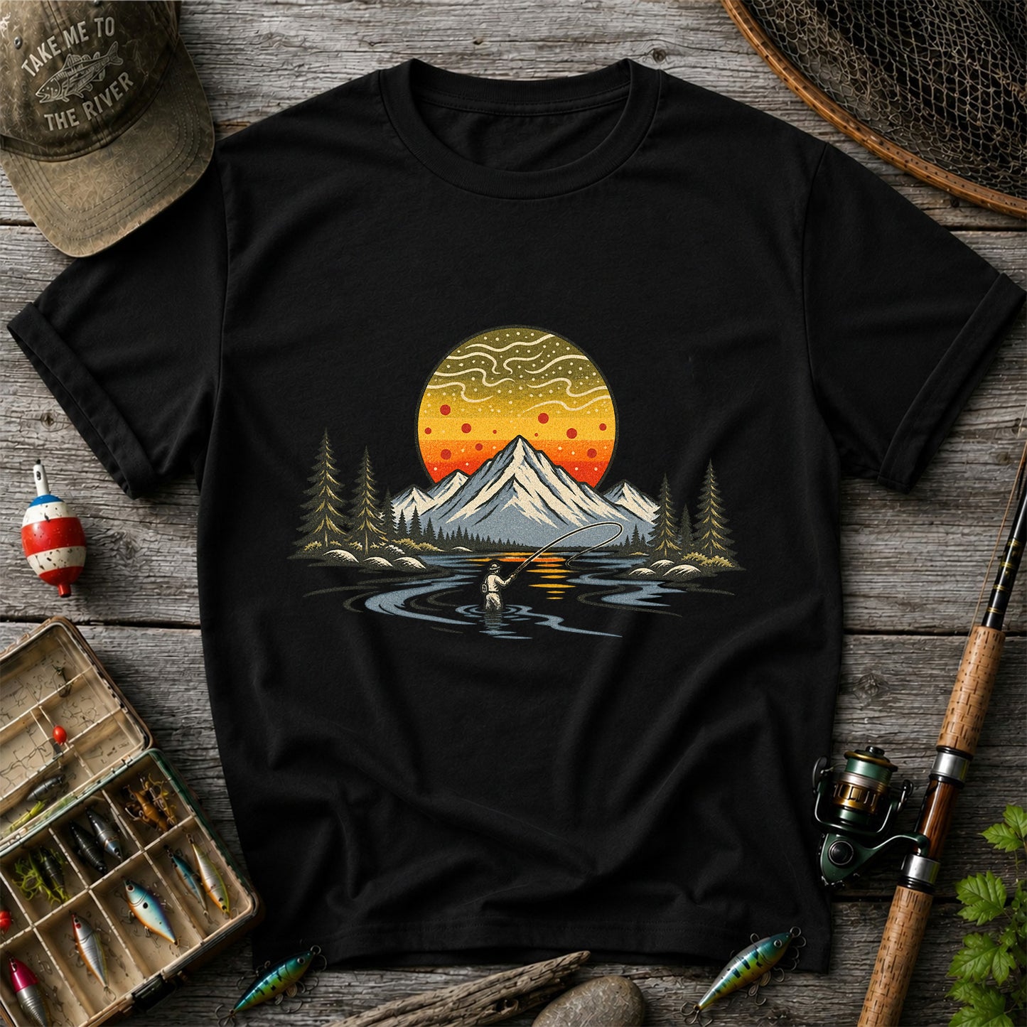 Mountain Sunset Fly Fishing Angler Graphic T-Shirt