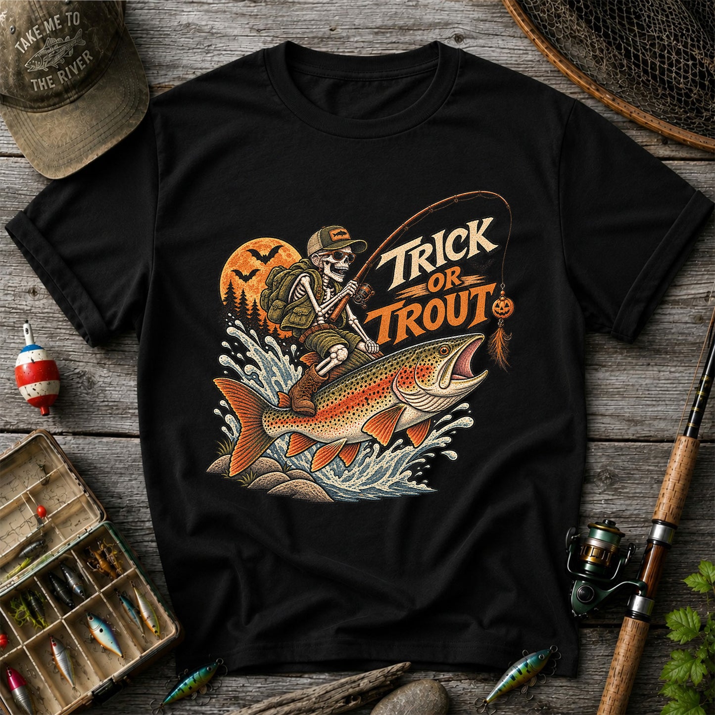 Trick or Trout Halloween Skeleton Angler Fishing T-Shirt
