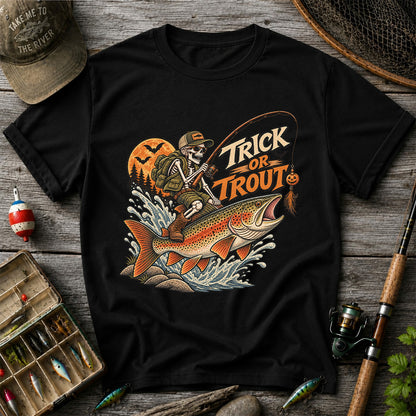 Trick or Trout Halloween Skeleton Angler Fishing T-Shirt