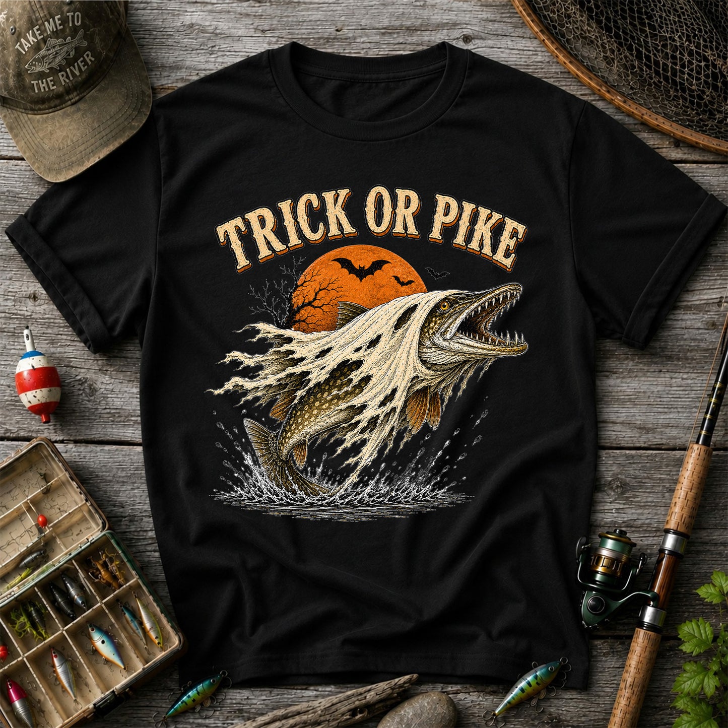 Trick or Pike Halloween Fishing T-Shirt, Vintage Trout Angler Tee