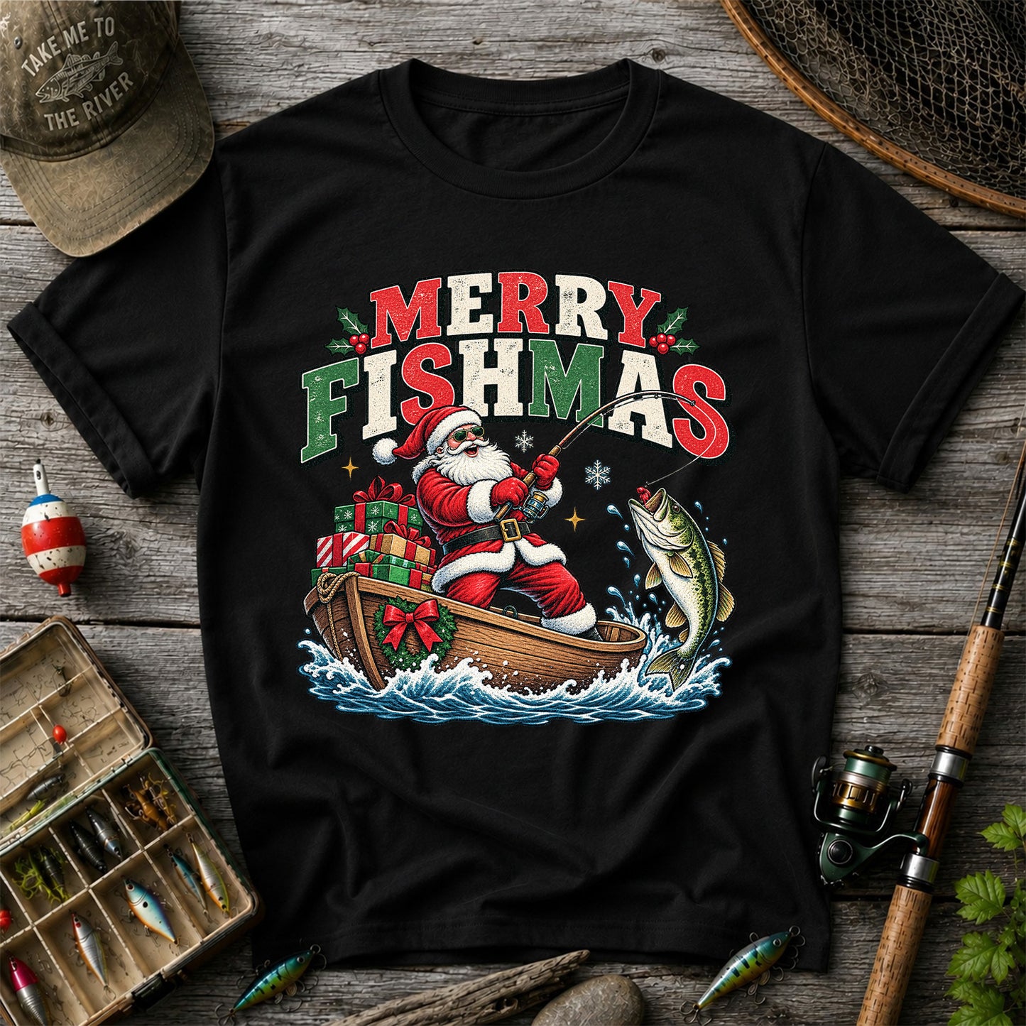 Merry Fishmas Santa Fishing for Bass Christmas Graphic T-Shirt