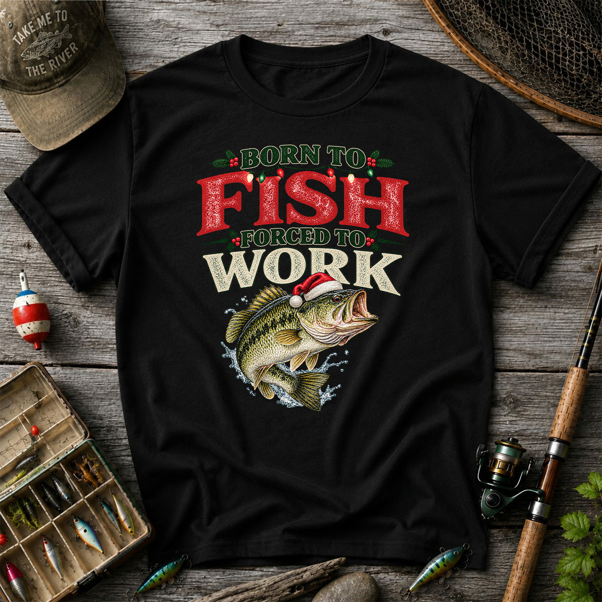 Born to Fish Forced to Work Christmas Largemouth Bass Graphic T-Shirt
