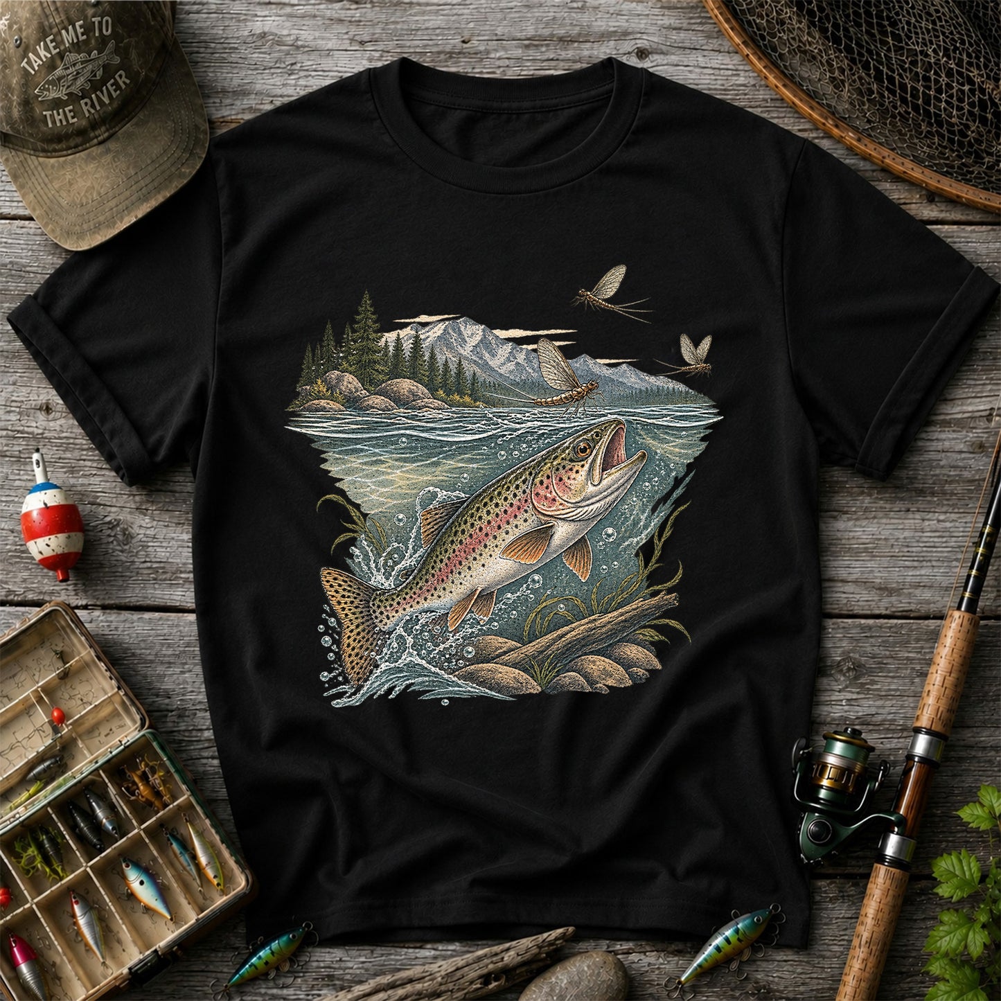 Mountain River Rainbow Trout Fly Fishing Graphic T-Shirt