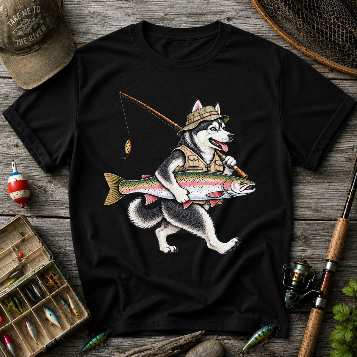 Husky Holding Rainbow Trout Fishing Graphic T-Shirt
