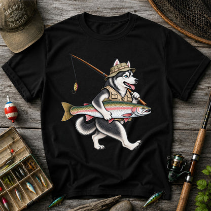 Husky Holding Rainbow Trout Fishing Graphic T-Shirt