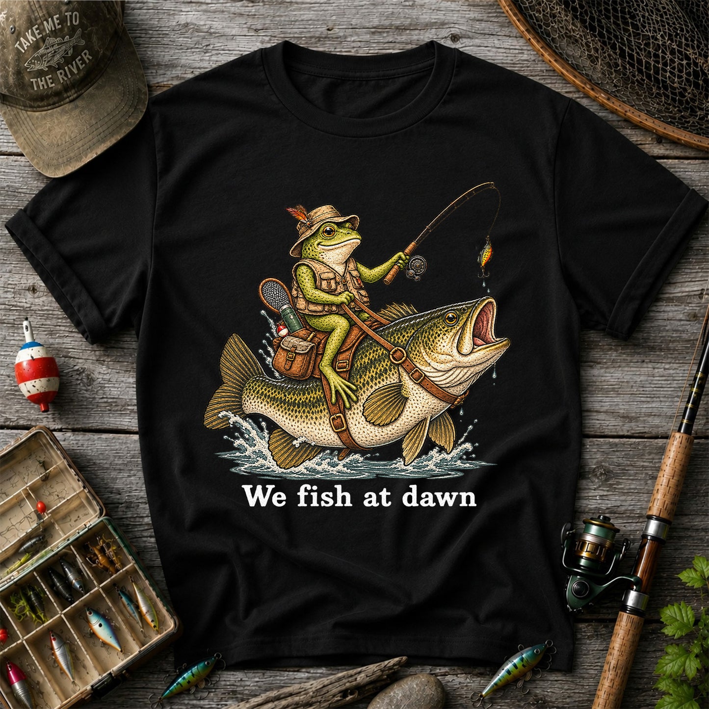 We Fish at Dawn Frog Riding Largemouth Bass Funny Fishing T-Shirt