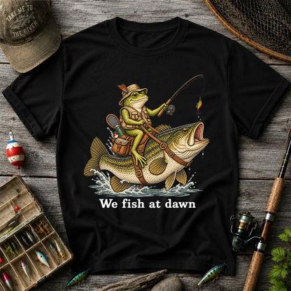 We Fish at Dawn Frog Riding Largemouth Bass Funny Fishing T-Shirt