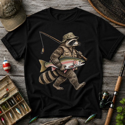 Raccoon Angler Holding Rainbow Trout Fishing Graphic T-Shirt
