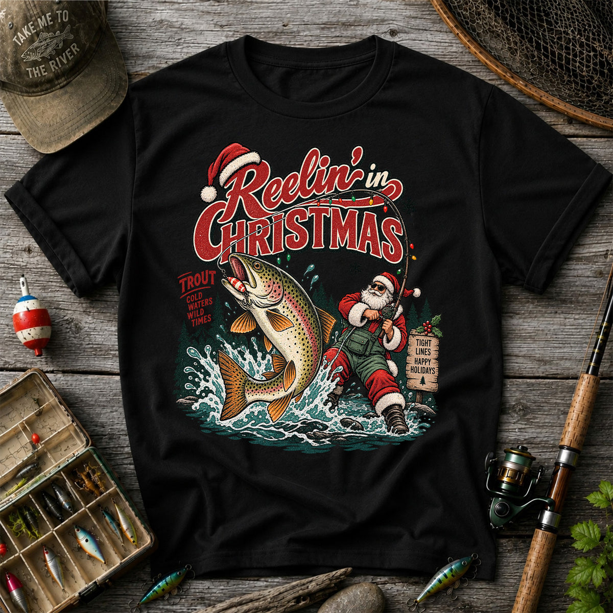 Reelin' in Christmas Santa and Rainbow Trout Fishing T-Shirt