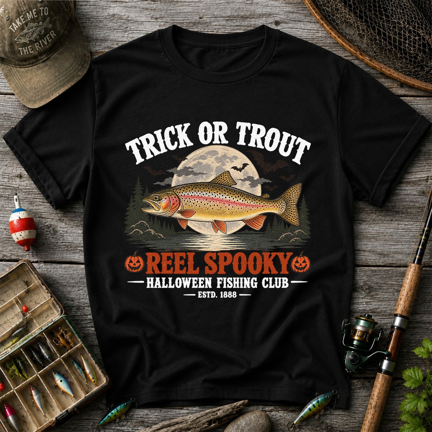 Trick or Trout Reel Spooky Halloween Fishing Club T-Shirt