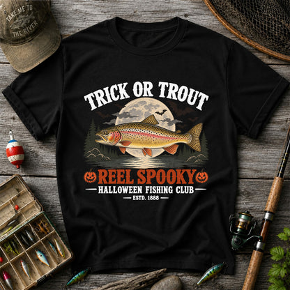 Trick or Trout Reel Spooky Halloween Fishing Club T-Shirt