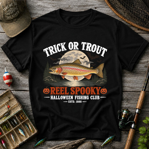 Trick or Trout Reel Spooky Halloween Fishing Club T-Shirt