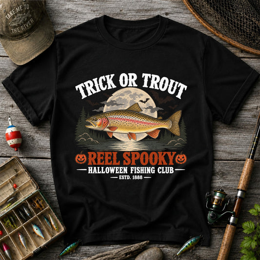 Trick or Trout Reel Spooky Halloween Fishing Club T-Shirt
