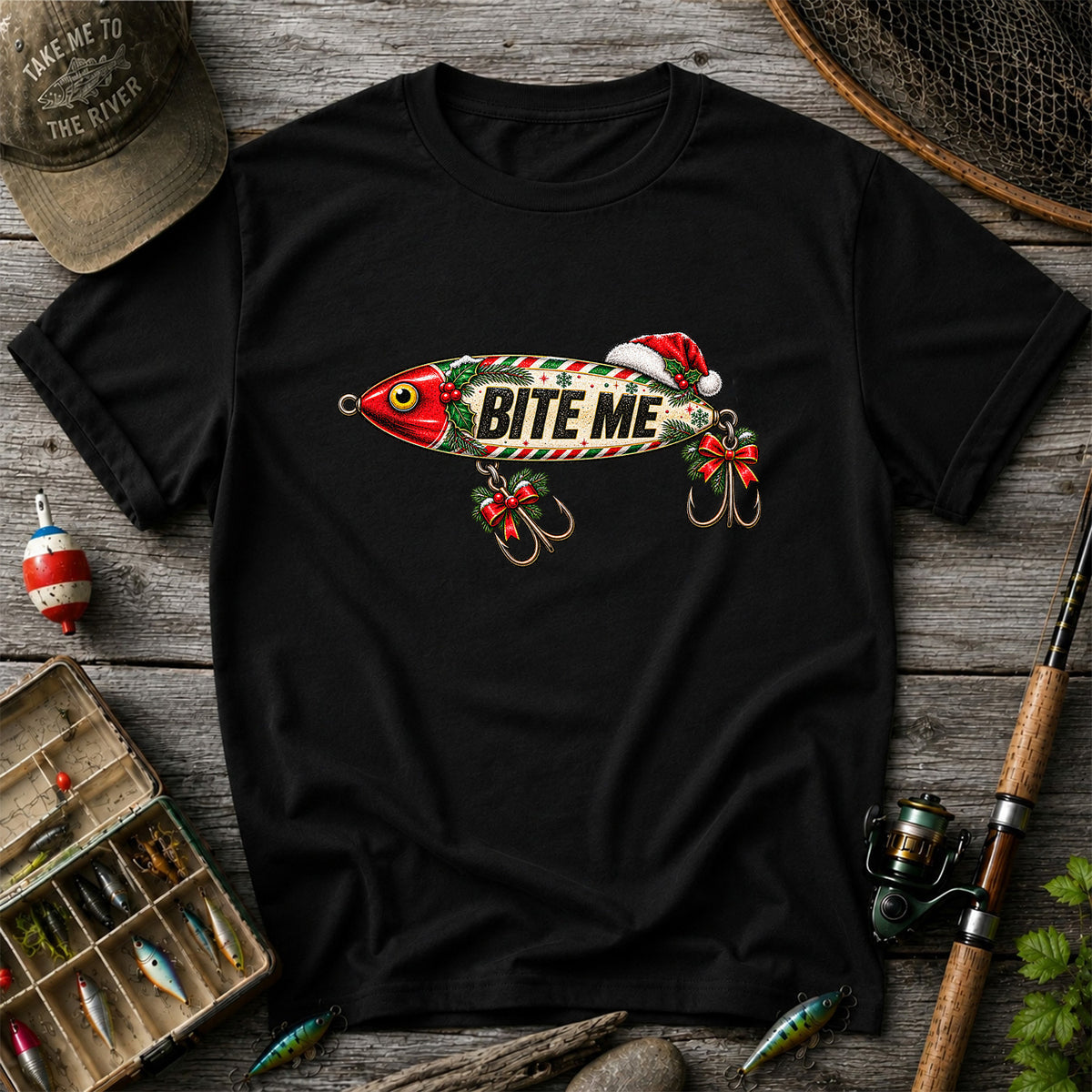 Bite Me Christmas Fishing Lure Funny Graphic T-Shirt
