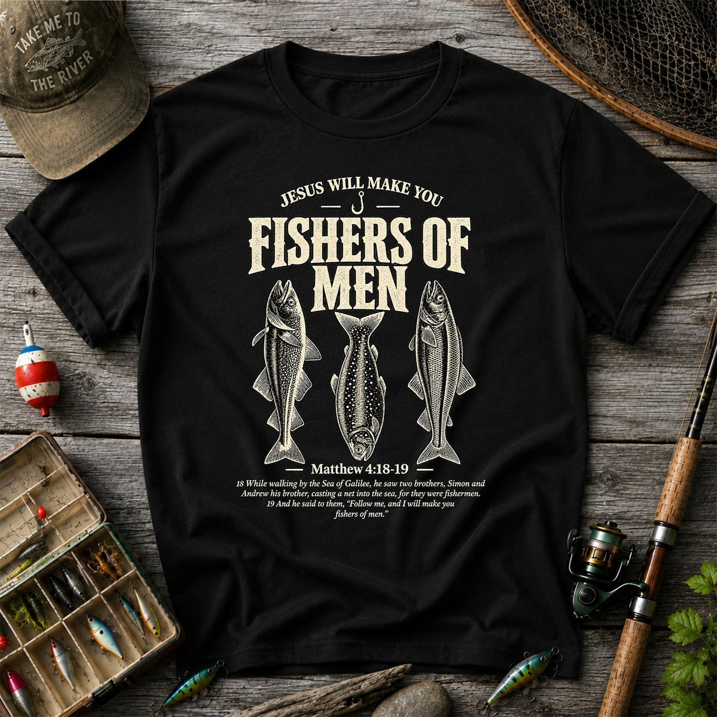 Jesus Will Make You Fishers of Men Matthew 4:18-19 Vintage Fish Graphic T-Shirt