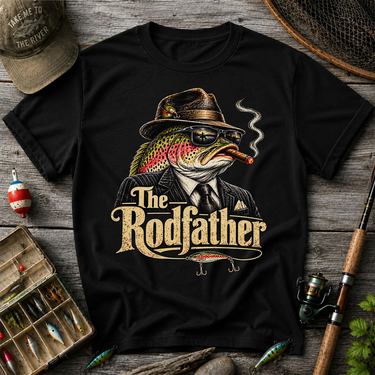 The Rodfather Rainbow Trout Gangster Funny Fishing T-Shirt