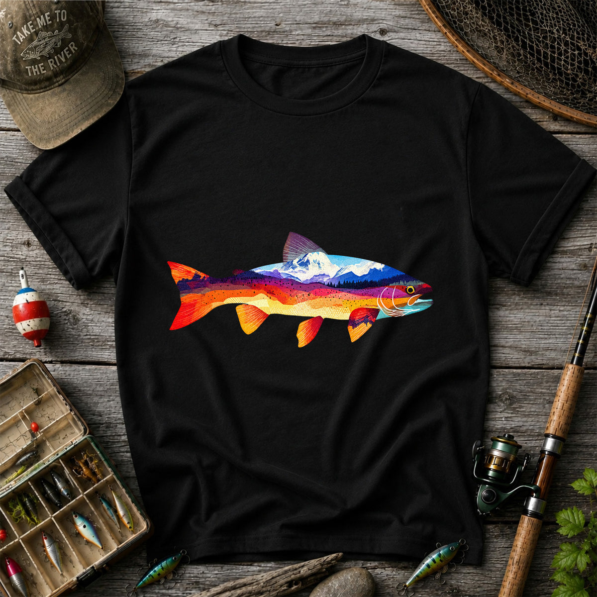 Mountain Sunset Trout Silhouette Fishing Graphic T-Shirt