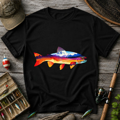 Mountain Sunset Trout Silhouette Fishing Graphic T-Shirt