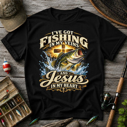 I've Got Fishing in My Veins and Jesus in My Heart Bass and Cross T-Shirt